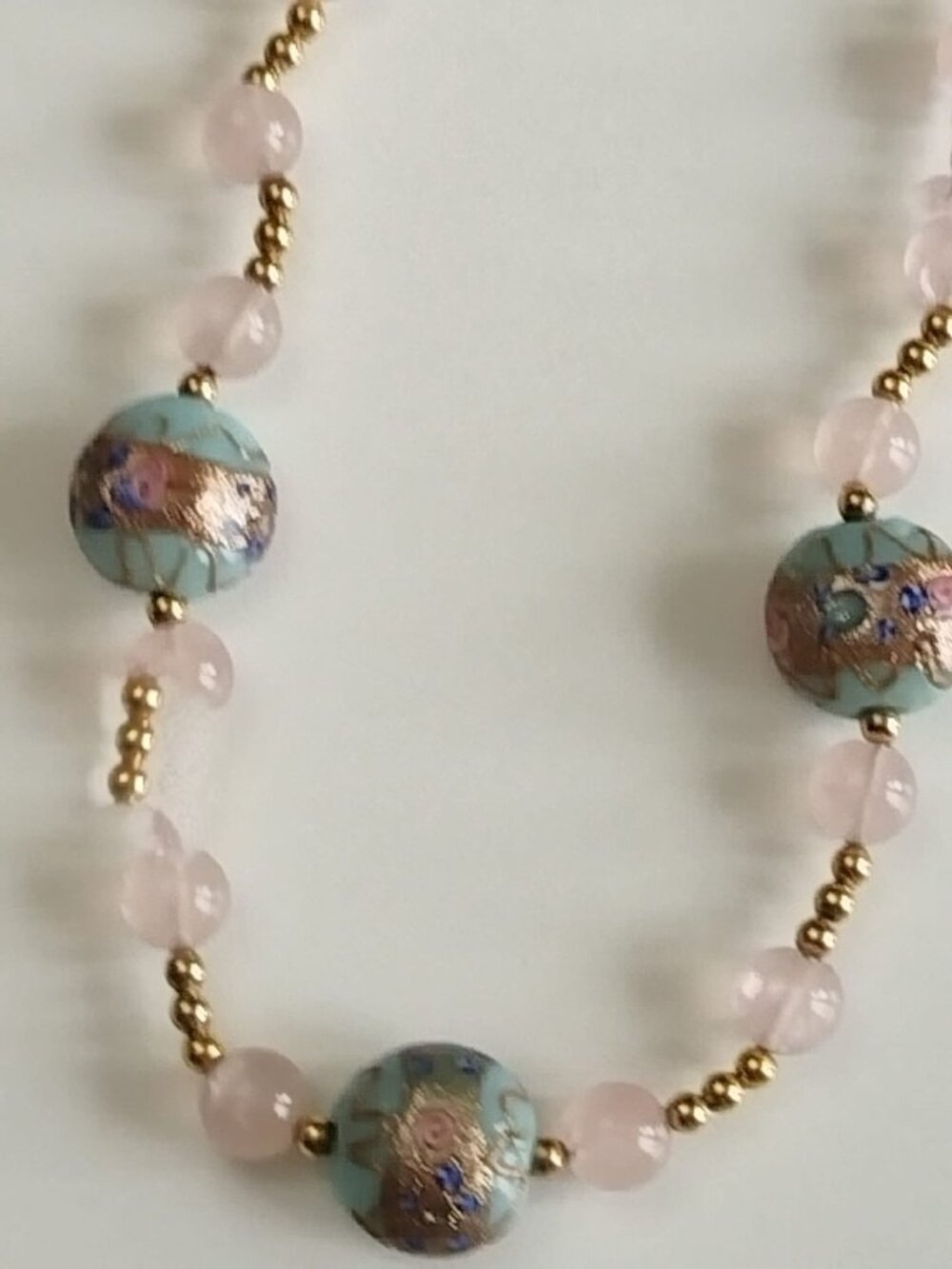 Vintage Murano Venetian Aqua Glass Gold Foil Bead Necklace Rose Quartz Beads - Picture 15 of 15